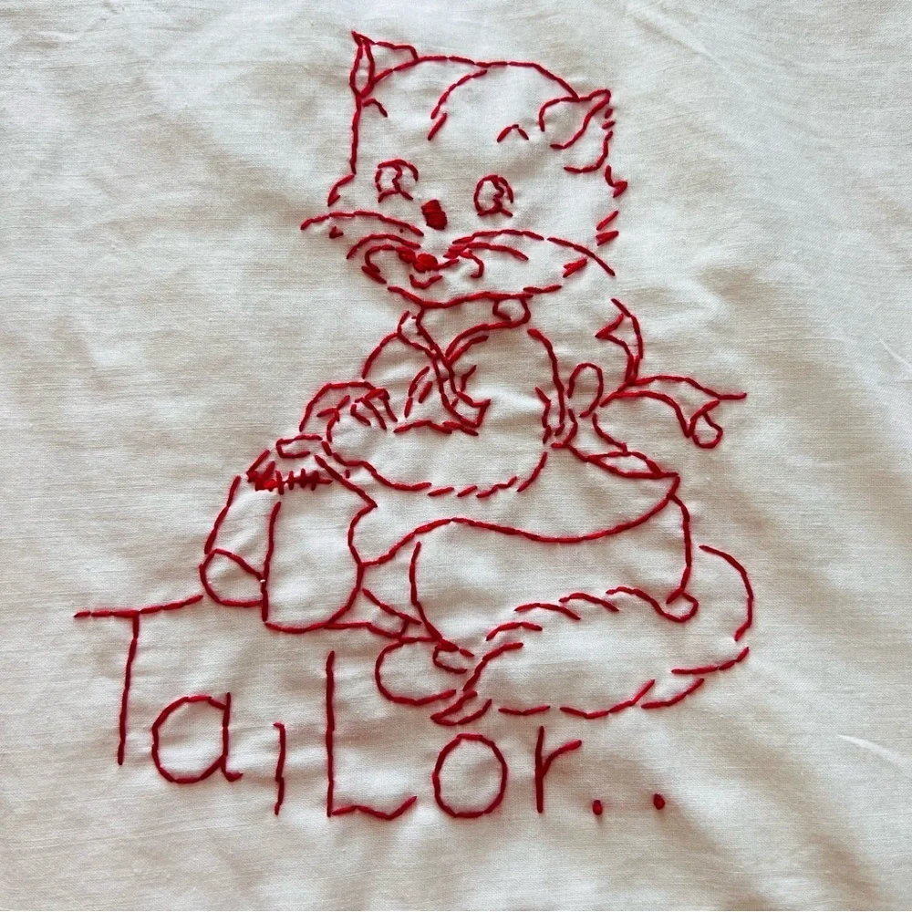 Hand-Embroidered Redwork Quilt – “Career Cats” Theme – 6 Panels